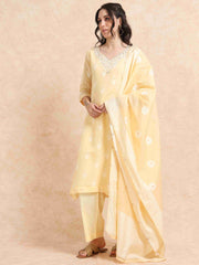 Yellow Chanderi Handloom woven A-Line Kurti, Pant and Dupatta Set